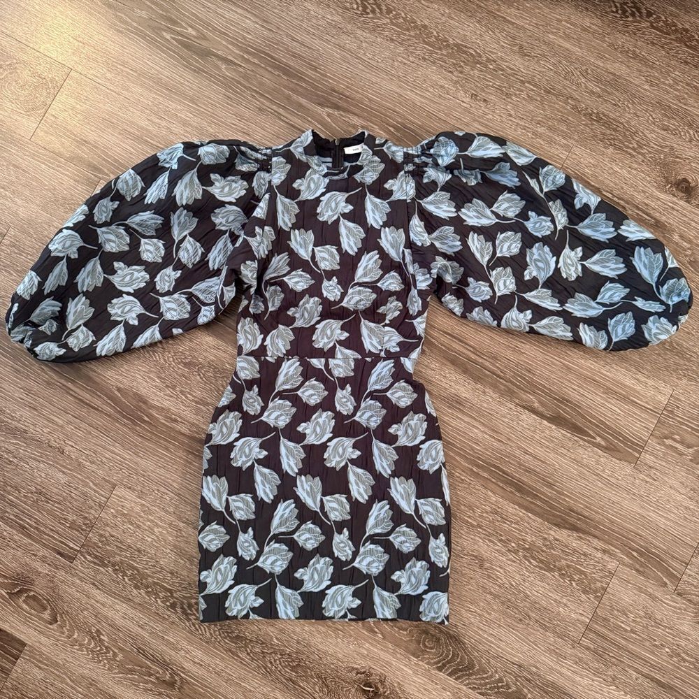 Samsoe Samsoe Harriet Short Dress Black & Blue Flower Puff Sleeves Mini Dress